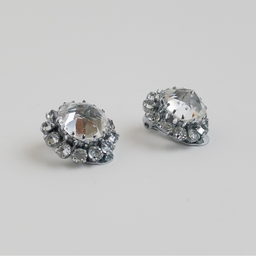 Vintage Made In Austria Rivoli Clear Crystal Pave Stud Earrings Silver Tone